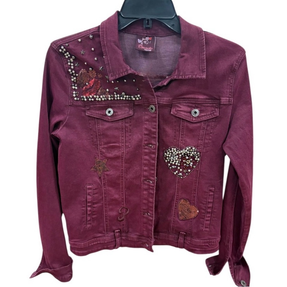 Burgundy Embellished Jean Jacket